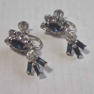 Vintage Dangle Screw Back Earrings Sapphire Blue & Clear Rhinestone
